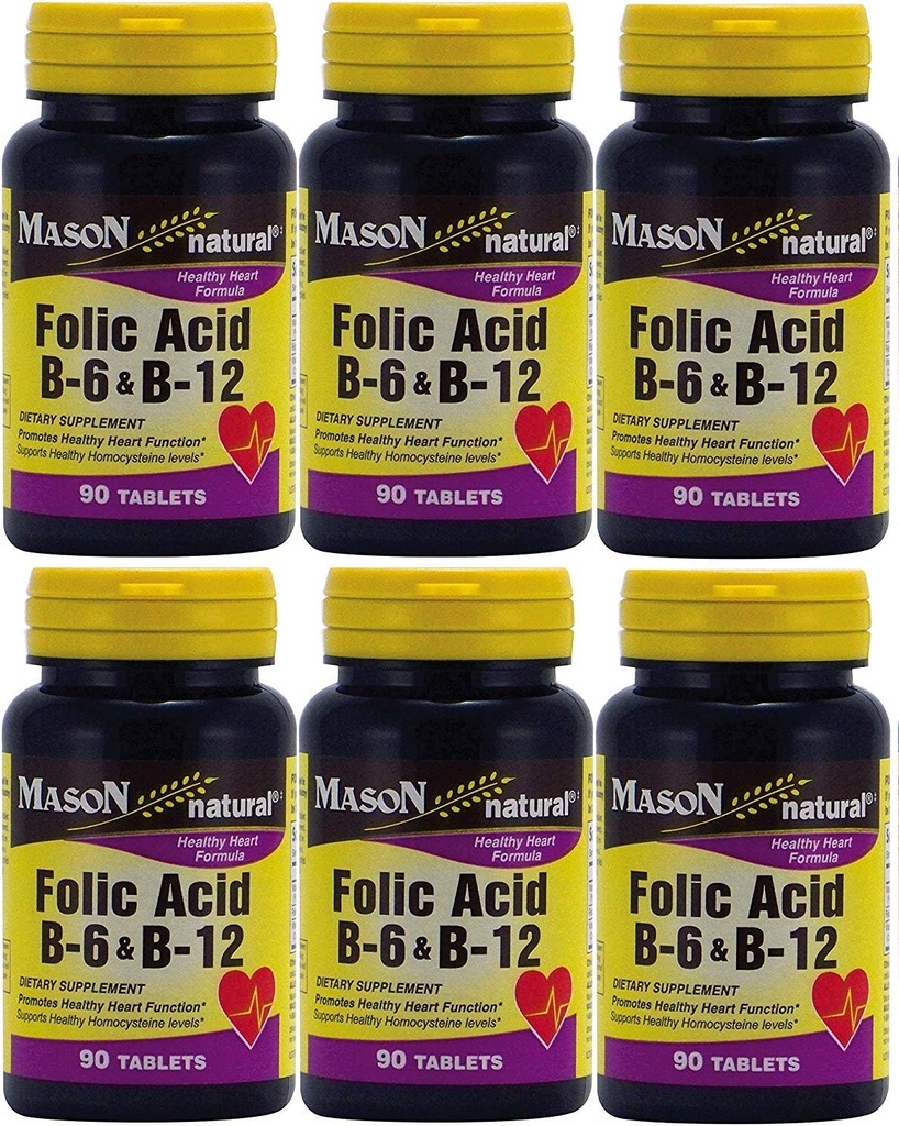 Mason Vitamine Acid folic B-6 & B12 Heart Health Formula 90 comprimate per flacon cutie de 6 total 540 comprimate