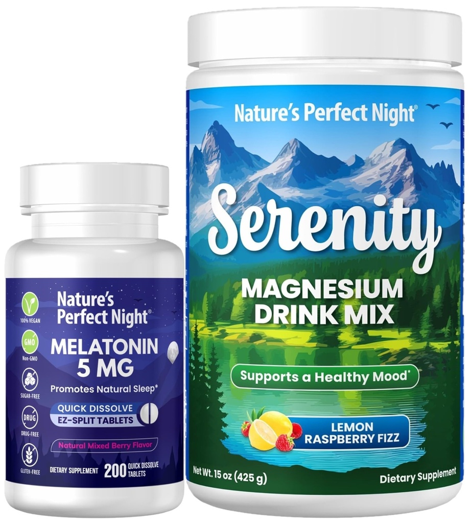 Nature's Perfect Night Melatonin 5mg rapid Dizolva mixt Berry 200 Conte cu Serenity Magneziu pulbere 15 oz Lemon Raspberry