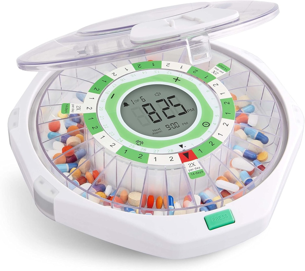 Live Fine 28-Day Automat Pilula Dispenser Frosted Lid cu LCD display actualizat și cheie de blocare, sunet și lumină pentru prescripții, medicamente, vitamine, suplimente și mai multe