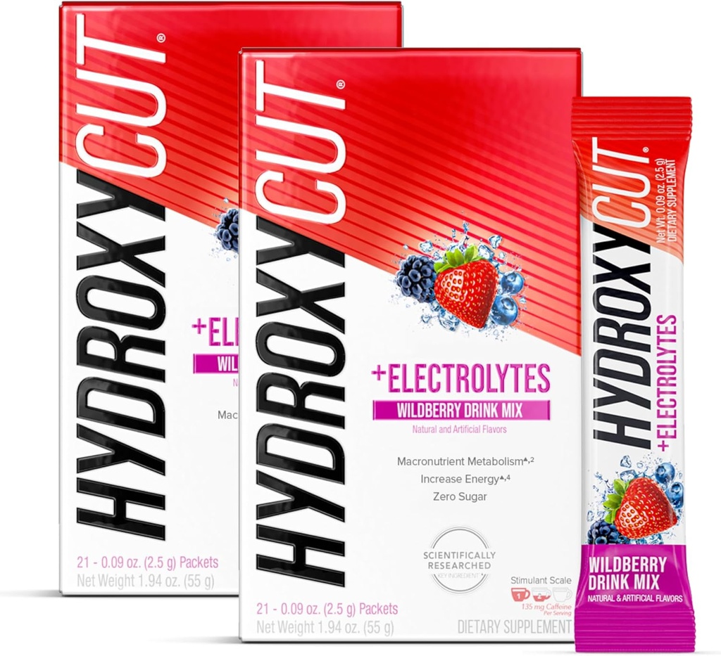 Hidroxicut Drink Mix, Wildberry Blast - 21 Pachete de călătorie-size, pachet de 2 - Zero Calorii, Zero Sugar - Boost Metabolism, Burn Calories, Creșterea energiei - pentru femei și bărbați