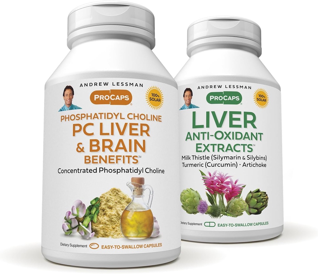 ANDREW LESSMAN PC Beneficii pentru ficat și creier + Kit pentru extracte de ficat anti-oxidante: 300 capsule (180+120) - Fosfatidil Choline, Milk Thistle, Anghike, Curcumin.