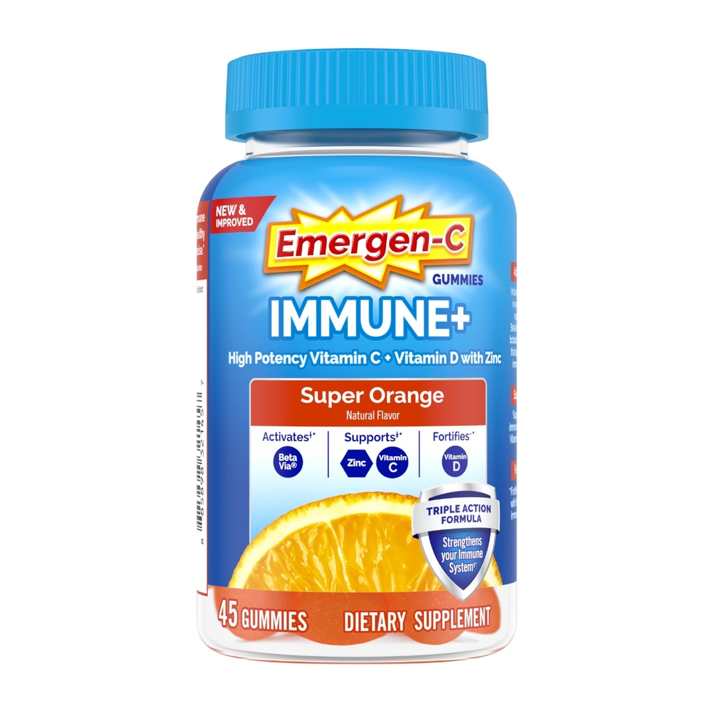 Emergen-C Imune+ Triple Action Immune Support Gummies, BetaVia (R), 1000mg Vitamina C, B Vitamine, Vitamina D si Antioxidanti, Super Orange - 45 Conte