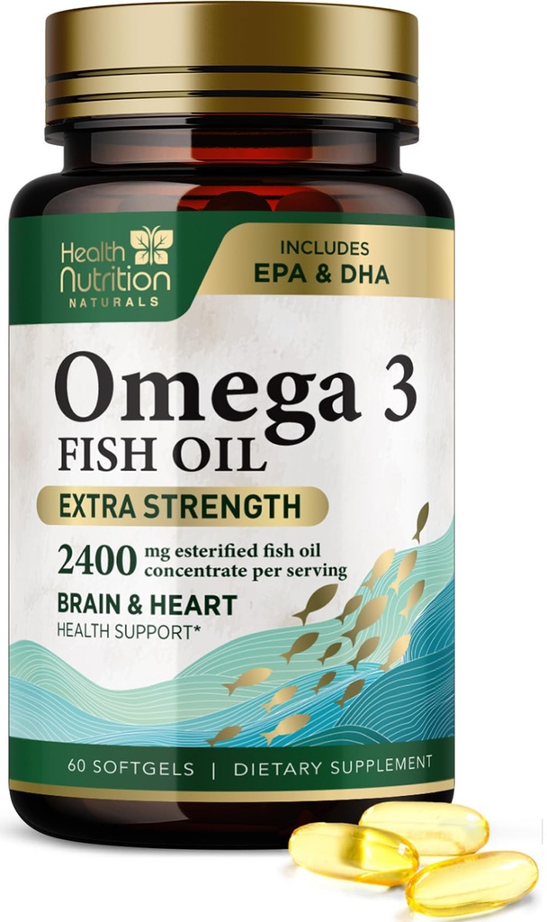 Omega 3 ulei de pește 2400 mg - Triple Putere Omega-3 Suplimente - Natural Brain Heart Health & Imunity Support - Acidi grasi cu EPA & DHA - Wild Caught supliment de ulei de pește purificat - 60 Softgels