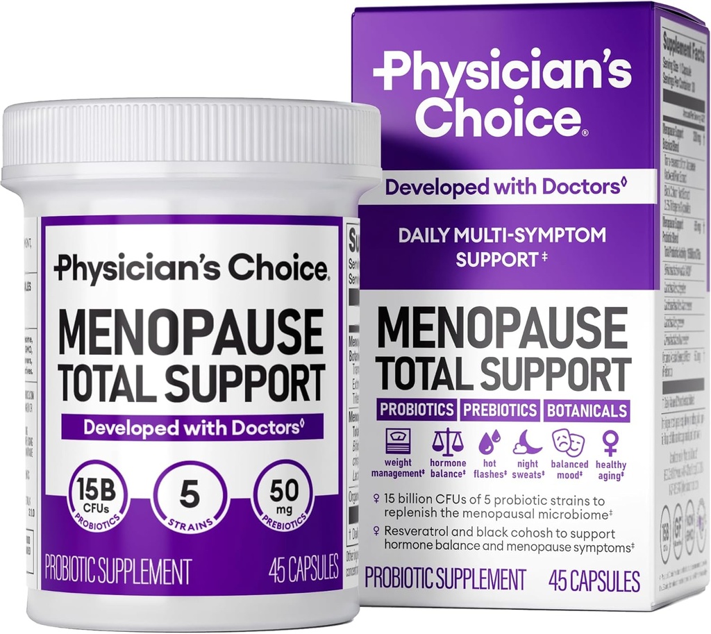 Menopauza Medicului Menopauza Supliment probiotic pentru femei - Suportă Echilibru hormonal, Flashuri fierbinți, Transpirații nocturne, Managementul greutății, Blooting & Gut Health - cu Black Cohosh, Resveratrol+ - 45ct