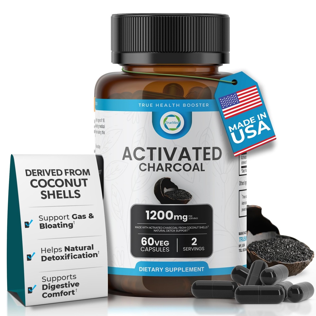 Capsulele Charcoal activate 1200 MG, 60 Veg Caps, 30-Days Premium Detox & Digestive Support, Gas & Blooting Relief, Organic Coconut Shell Charcoal, Gut Health, USA Made.