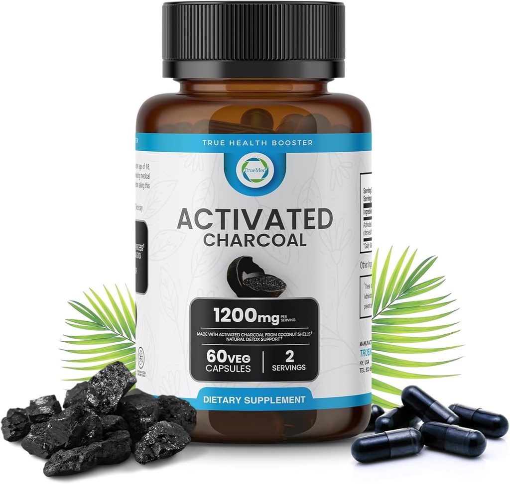 Capsulele Charcoal activate 1200 MG, 60 Veg Caps, 30-Days Premium Detox & Digestive Support, Gas & Blooting Relief, Organic Coconut Shell Charcoal, Gut Health, USA Made.