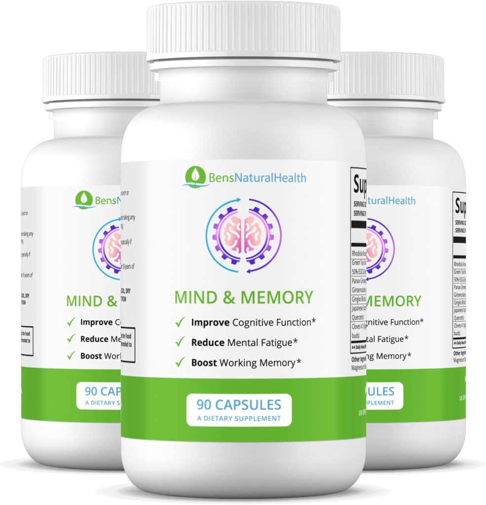 Ben's Natural Health Minte & Memory Supplement, Nootropic Brain Support with Rhodiola, Green Tea, Cloves & Querbetin, 90 Capsule, 3 Pack