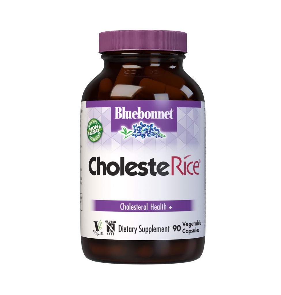 Bluebonnet Nutrition ColesteRice Capsule vegetale, Red Yeast Rice, Plant Sterols, Pantetine, CoQ10, Policosanol, Vegan, Vegetarian, Non OMG, Gluten Free, Milk Free, SOY-FREE, 90 Capsule vegetale