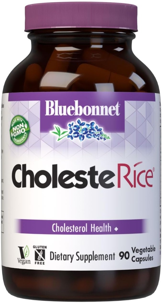 Bluebonnet Nutrition ColesteRice Capsule vegetale, Red Yeast Rice, Plant Sterols, Pantetine, CoQ10, Policosanol, Vegan, Vegetarian, Non OMG, Gluten Free, Milk Free, SOY-FREE, 90 Capsule vegetale