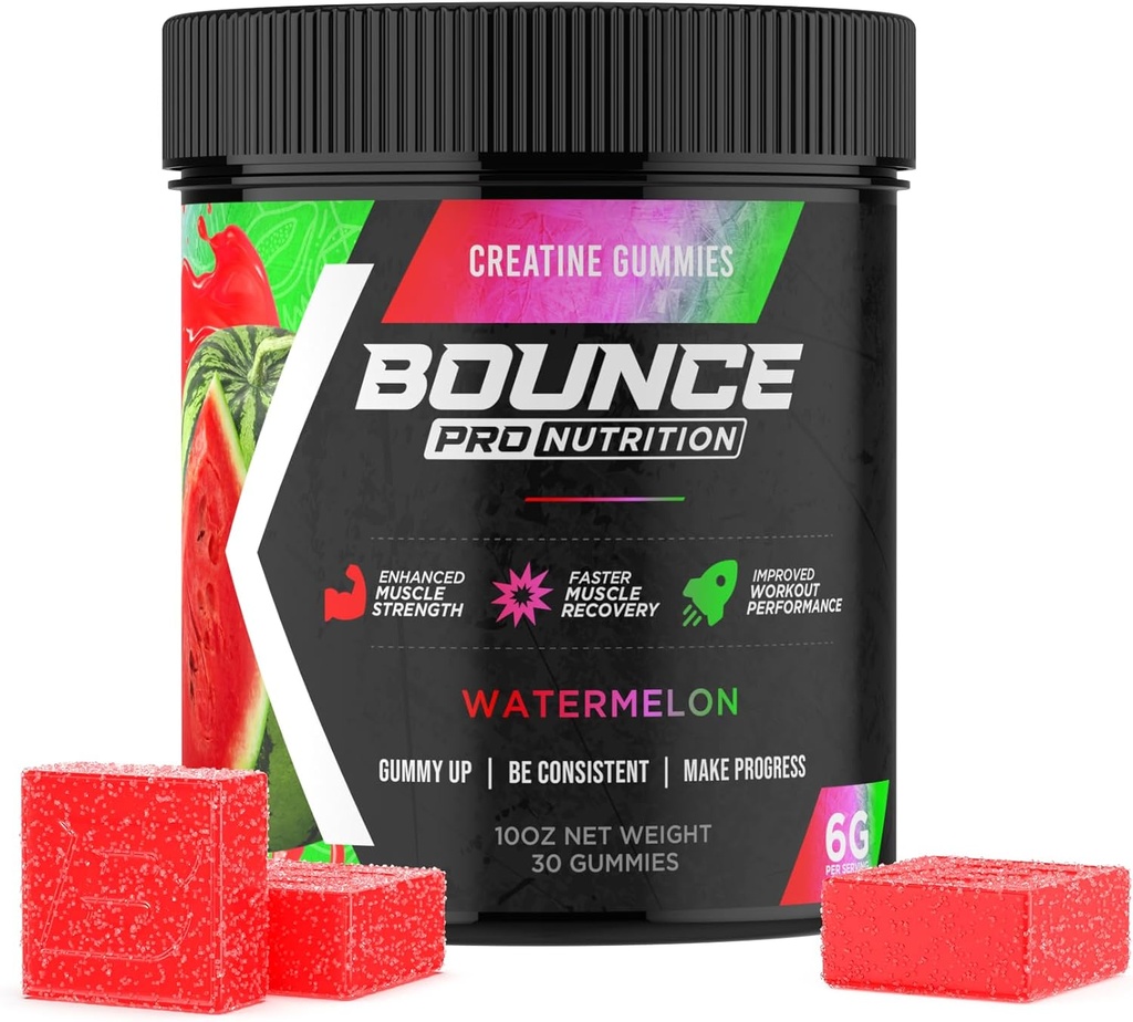 Bounce Pro Creatin Monohidrat Gummies for Men & Women, Low Calorie, 6G of Creatin per Serving, Vegan, Anti-Melting, Gluten-Free, Non-GMO, 2g of Creatin per Gummy (30ct, Pepene verde)
