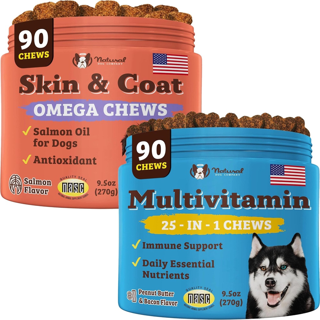 Natural Dog Company Multivitamine Supliment Chews + Skin & Coat Supliment Chews pentru câini - Îngrijire nutrițională cuprinzătoare pentru piele sănătoasă, Haină lucioasă, suport comun, și Sistemul imunitar Boost