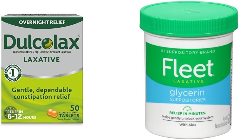 Dulcolax Overnight Relief Laxative for Gentle Constipation Relief, Bisacodyl 5 mg Tablets, 50 Count & Fleet Laxative Glicerin Singeres for Adult Constipation, Adult Laxative Jar Aloe Vera, 50 Ct
