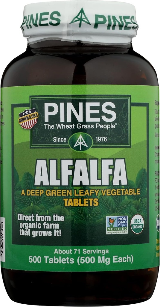 Pines Alfalfa Tablets, The Original Green Superfood, USDA Organic, Gluten Free & Non-GMO, 500mg Fiecare, 500 comprimate