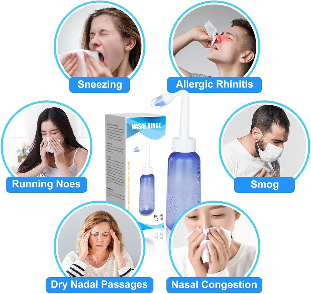300 ML Nasal Clătire Neti Pot Sinus Clătire Sticluță blând Nasal Spălătorie Nasală Curățare nas Confortabil pentru adult & Kid Presiune eficientă Irigatio cu 20 Pachete de sare de spălare nazale BPA gratuit