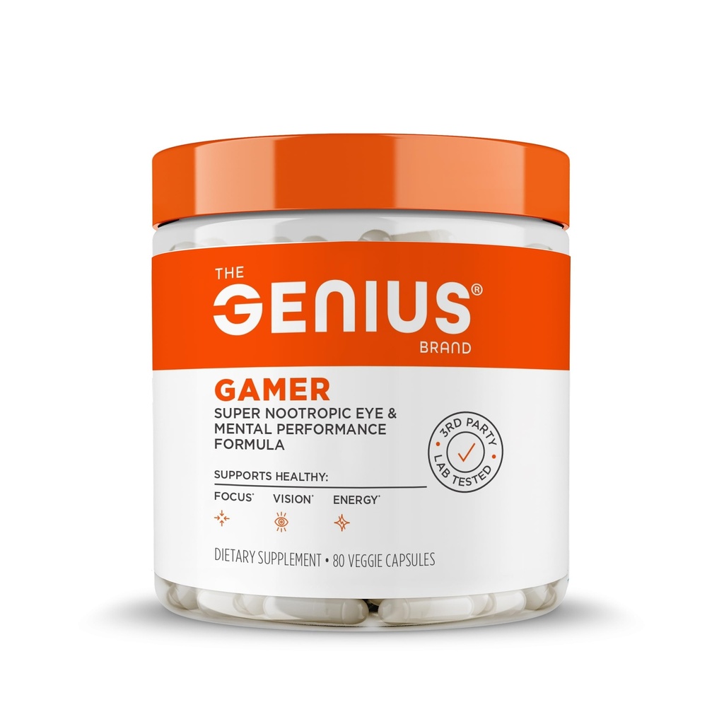 Geniu Gamer, Gaming Focus Supliment, 80 pastile - Elite Nootropic Performance Booster - Boost Brain & Mental Clarity, Reaction Time & Concentration - Blue Light Support with Lutemax
