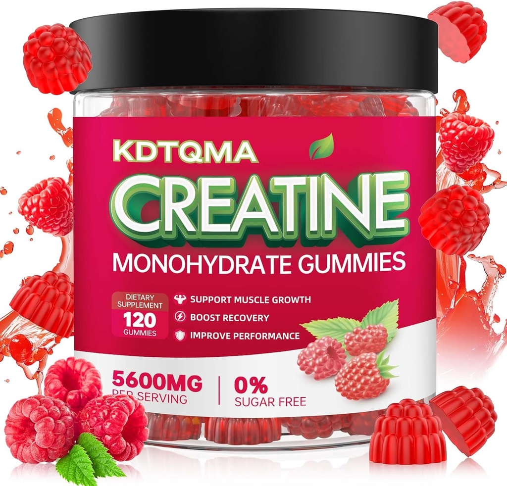 Creatin Monohidrat Gummes pentru bărbaţi şi femei 120 CT - 5600 mg de Creatină Monohidrat per Serving, Creatină masticabile Monohidrat pentru suport muscular şi energie Boost, Sugar Free, Vegan (Aroma de zmeură)