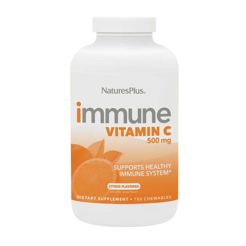 NaturasPlus Immune Vitamina C, Citrus - 100 Chewables - All-Natural Immune System Support - High-Potency Formula cu Bioflavonoids & Superfoods - Non-Acidic & Gentil pe Stomac - 100 Servings