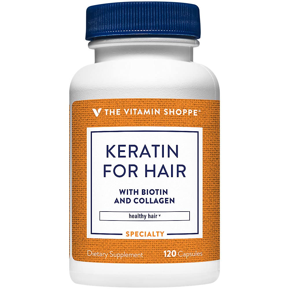 Vitamina Shoppe Keratina pentru par cu Biotin & Colagen, Suporturi puternic, păr sănătos, Hair Luster (120 capsule)