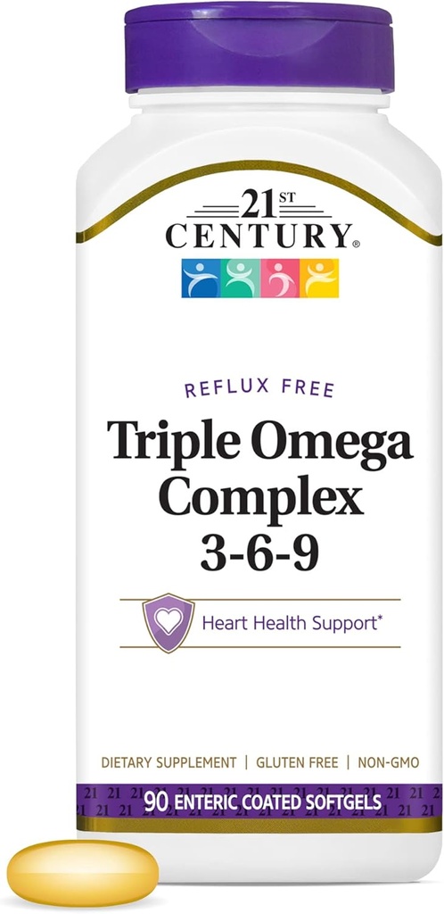 21st Century Vitamins Enteric Coated Triple Omega Complex 3-6-9, Reflux Free 90 Softgels, MTC22874X5