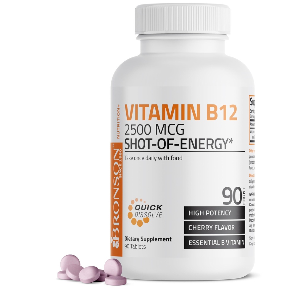 Vitamina B12 2500mcg Shot of Energy Rapid Dizolvabil tablete masticabile - eliberare rapida de cirese aroma sublingual B12 Vitamina - Suporturi Sistem nervos, Functia sanatoasa a creierului Productia de energie 