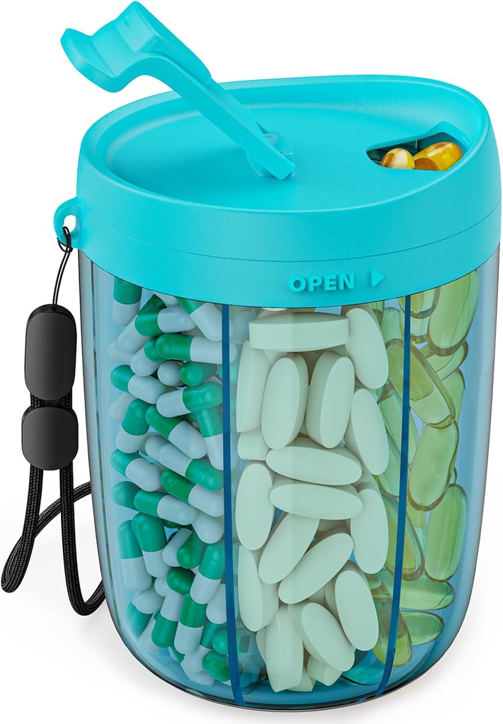 Organizator de sticle mari de pastile PULIV, Organizator suplimentar pentru holding 6 Vitamine diverse, Case de pastile cu design anti-amestec & larg de deschidere, Ușor de recuperat Meds și 20 buc Stick-on Labels, albastru