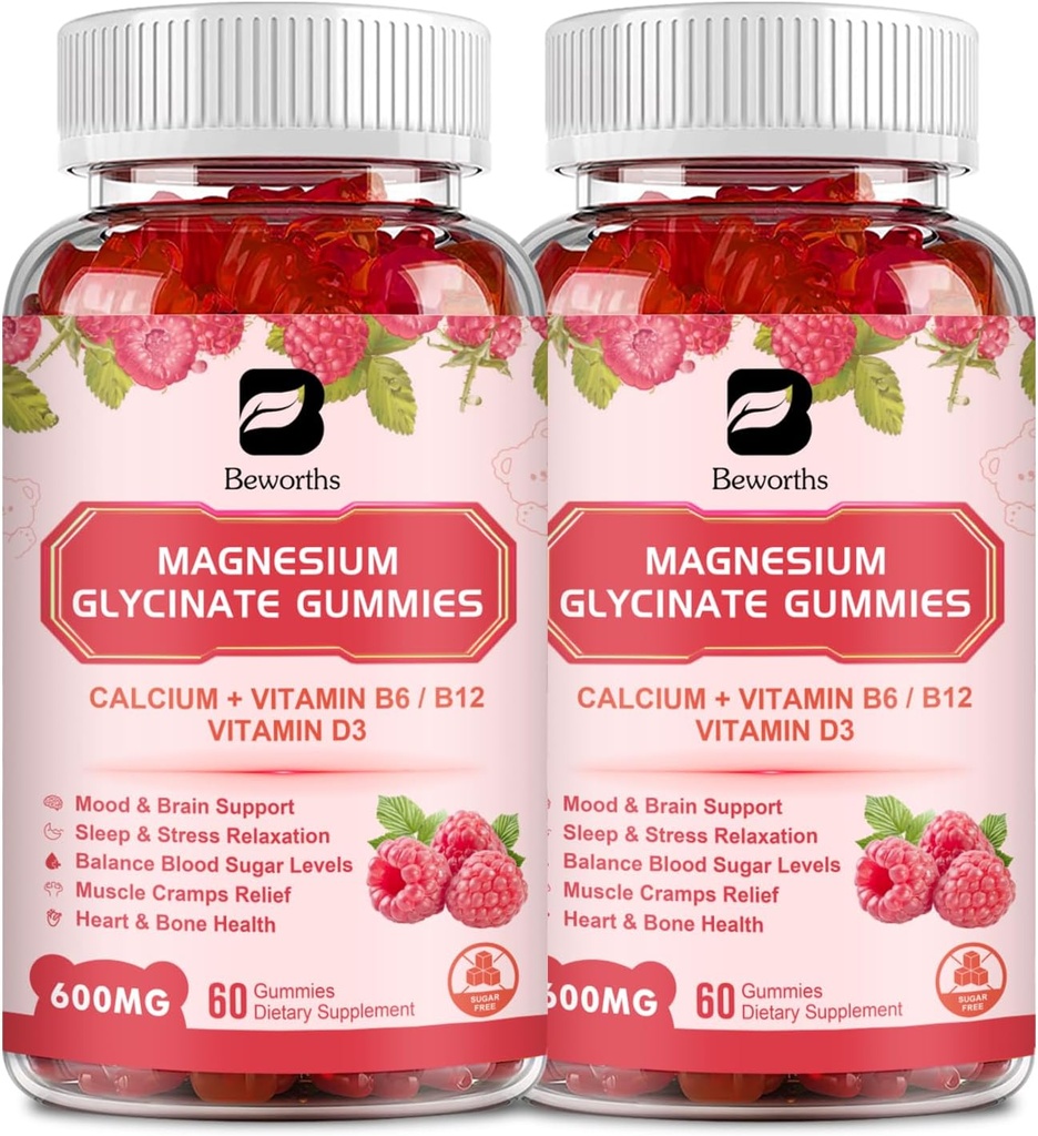 (Pachet) 600 Mg Magneziu Glycinate Gumies, Magneziu Supliment Complex Magneziu Malat, Magneziu Citrate & Potasiu, Suporturi Night & Joint, Energie Boost, Vegan & 0-Sugar, Raspberry 120 Conte