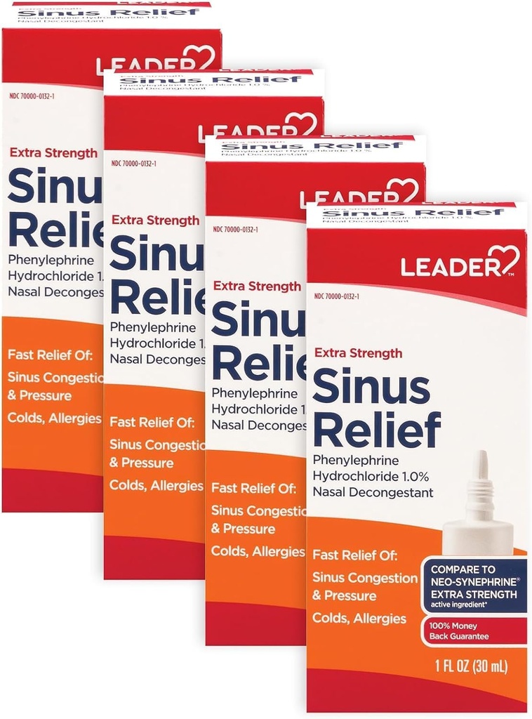Leader Extra Force Sinus Relief, Fast Acting, Sinus Decongestant, Nasal Congestion Relief Spray, Rece & Allergie Flacon 30 ml (Pachet de 4)