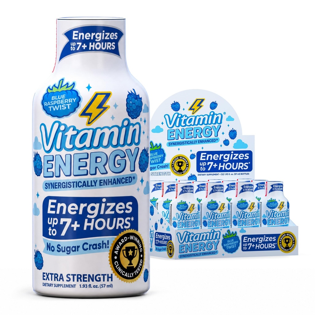Vitamina Energie Immune+ Extra Putere Energie Shot Blue Raspberry 12 Pack, 260 mg Cafeina naturala, B-Vitamina, Citicolina, Ceai Verde, Imunitate & Focus Suport, Zero Zahăr, Gluten-Free 1.93 fl oz
