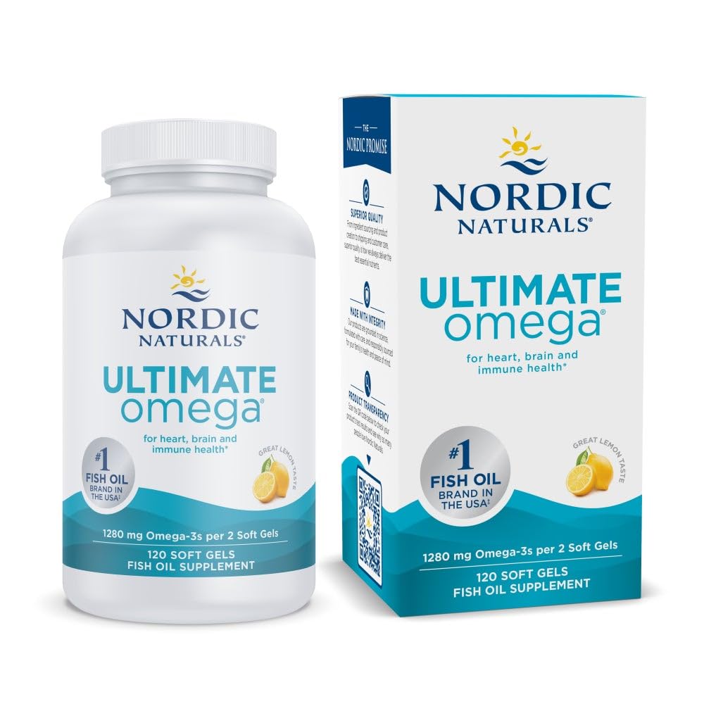 Nordic Naturals Ultimate Omega, Lemon Flavor - 120 Soft Gels - 1280 mg Omega-3 - supliment de ulei de pește de înaltă calitate cu EPA & DHA - Promovează creierul și sănătatea inimii - Non-GMO - 60 Serviri