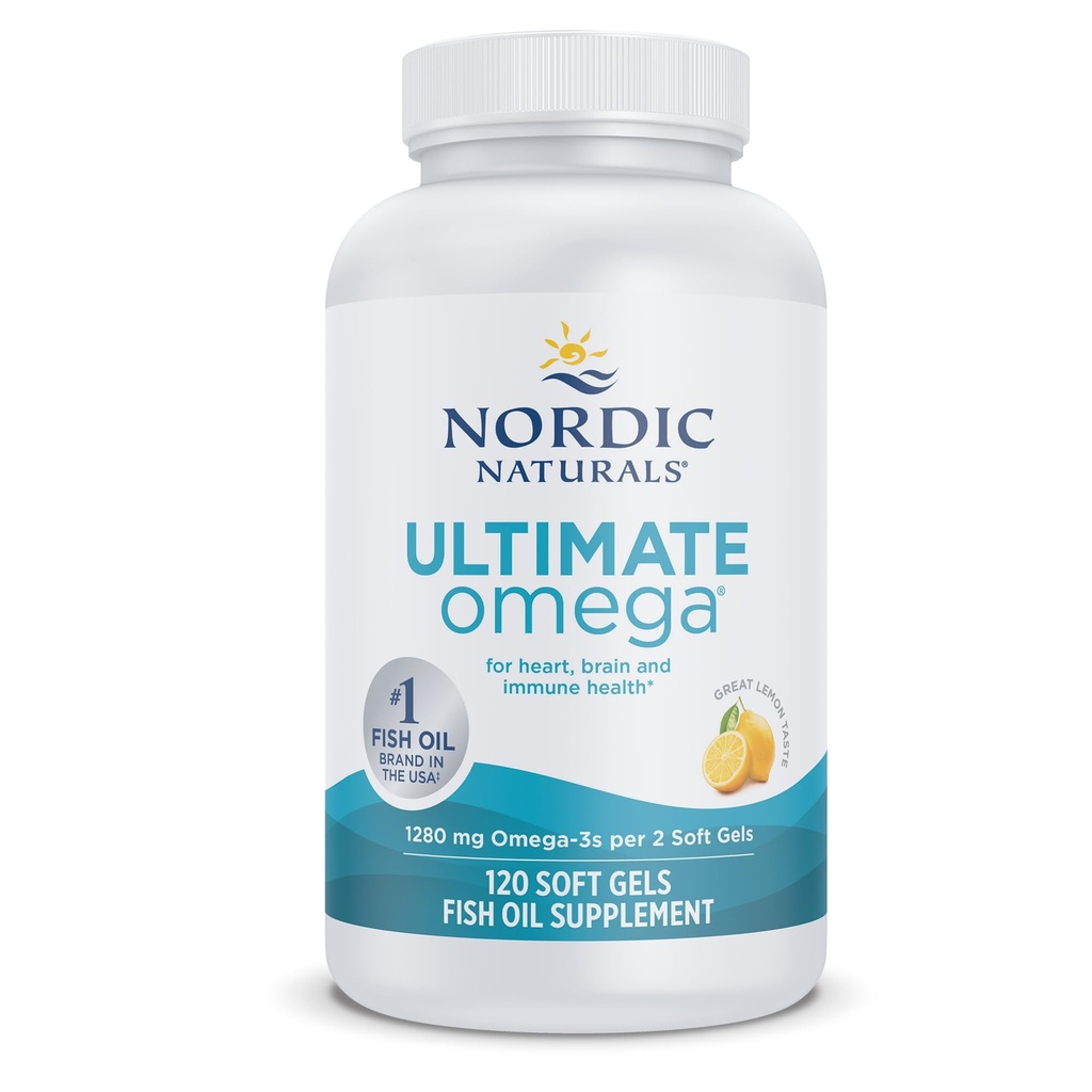 Nordic Naturals Ultimate Omega, Lemon Flavor - 120 Soft Gels - 1280 mg Omega-3 - supliment de ulei de pește de înaltă calitate cu EPA & DHA - Promovează creierul și sănătatea inimii - Non-GMO - 60 Serviri