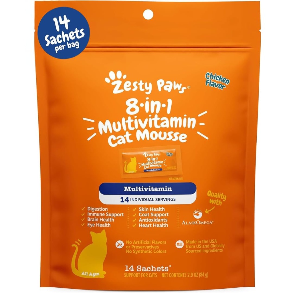 Zesty Paws 8-in-1 Multivitamine Vitamine Cat & Suplimente Mousse - Vitamine Cat pentru pisicile de interior - Tratament sănătos Stoarce sus pentru guta, Imun, Inima, Skin & Coat Support - Pui 14ct