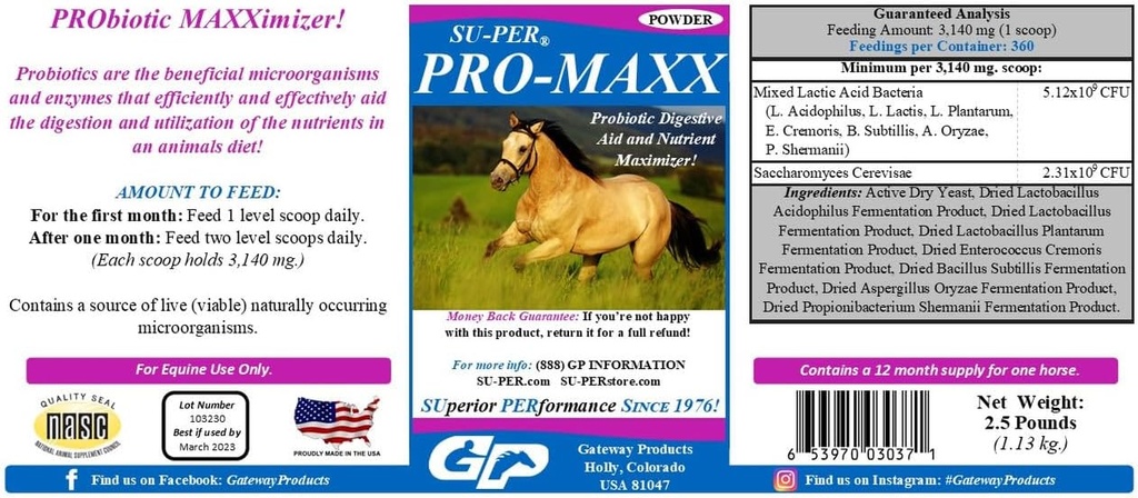 SU-PER Pro-Maxx Probiotice pentru cai - Equine Digestive Aid and Nutrient Maximizer - Mentine buna sanatate si echilibru microbial - 2.5 Pound, (2 Pack)