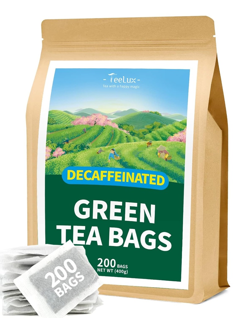 TeeLux Decaf Green Tea Bags, Ceai verde pur decafeinizat, Super Antioxidant, Ceai fierbinte & Iced, 200 Conte
