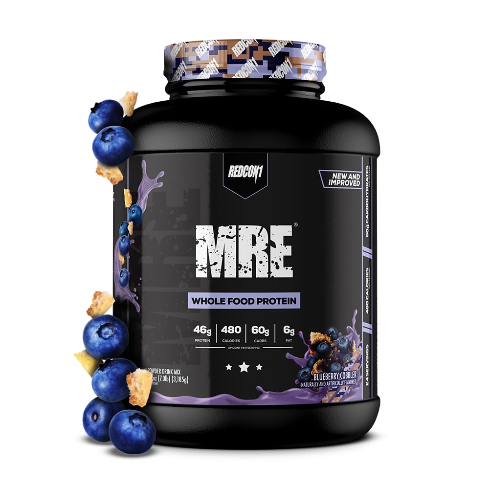 REDCON1 MRE Pudră de proteine, Blueberry Cobbler - Masa de înlocuire Proteina Blend Made with MCT Oil & Whole Foods - Proteine cu ingrediente naturale pentru a ajuta la recuperarea musculare (25 Servings)