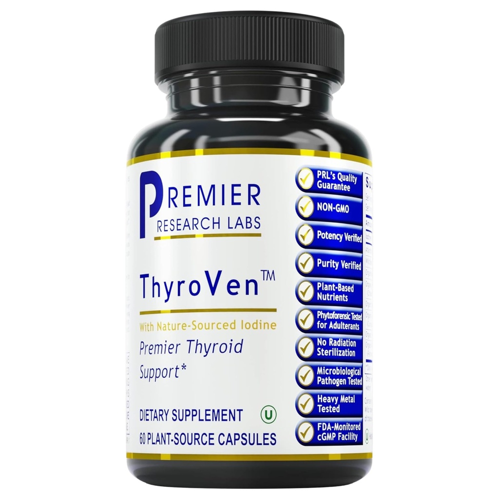 Premier Research Labs ThyroVen - Suport tiroidian pentru femei, Suport tiroidian pentru bărbaţi, Supliment tiroidian, Complex de suport tiroidian cu iod natural-surse - 60 Capsule