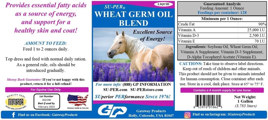 SU-PER de grâu Germ amestec ulei pentru cai - sprijină energie, rezistenta, rezistenta, sanatoasa piele si haina - acizi grasi esentiali, vitamine si minerale - 1 galon, 4 luni de aprovizionare
