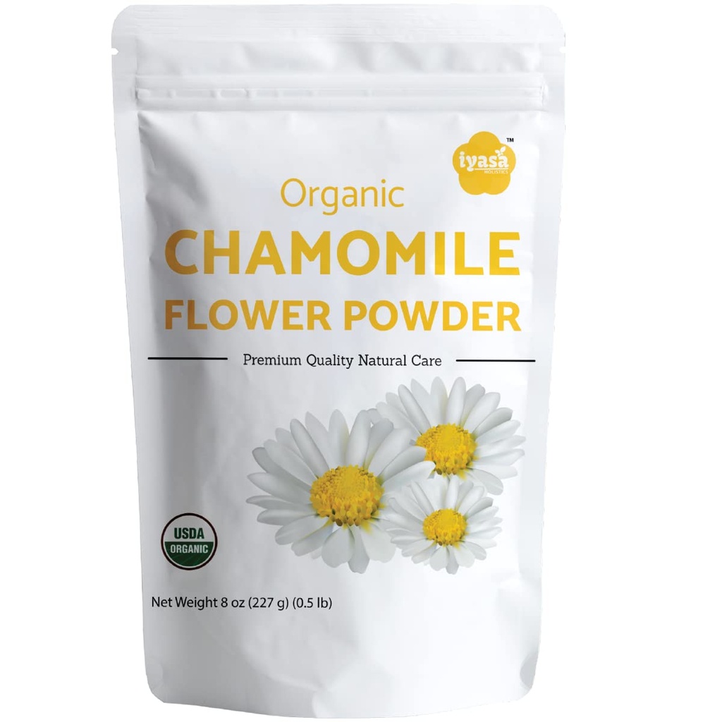 Iyasa Holistics Organic Chamomile Flower Powder, grad alimentar pentru gătit, gătit, ceai, băuturi de vară, DIY Skin și produse de îngrijire a părului, Natural Face Packs, Face Mask 8 oz 223 gm