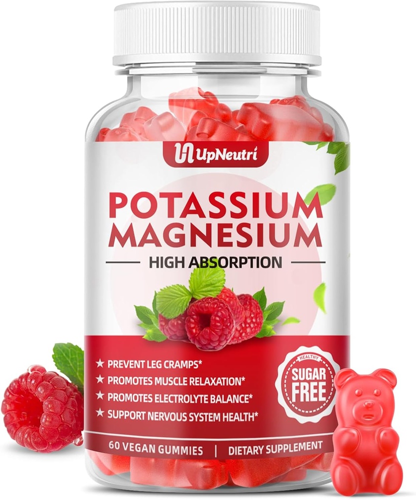 Potasiu Magneziu Supliment Gummies pentru adulți Copii, Citrate de potasiu fără zahăr Gummies Suportă Creme de picioare & musculare & Heart Health, Vegan Magneziu Glycinate Gummies Raspberry Flavor 60 Cts
