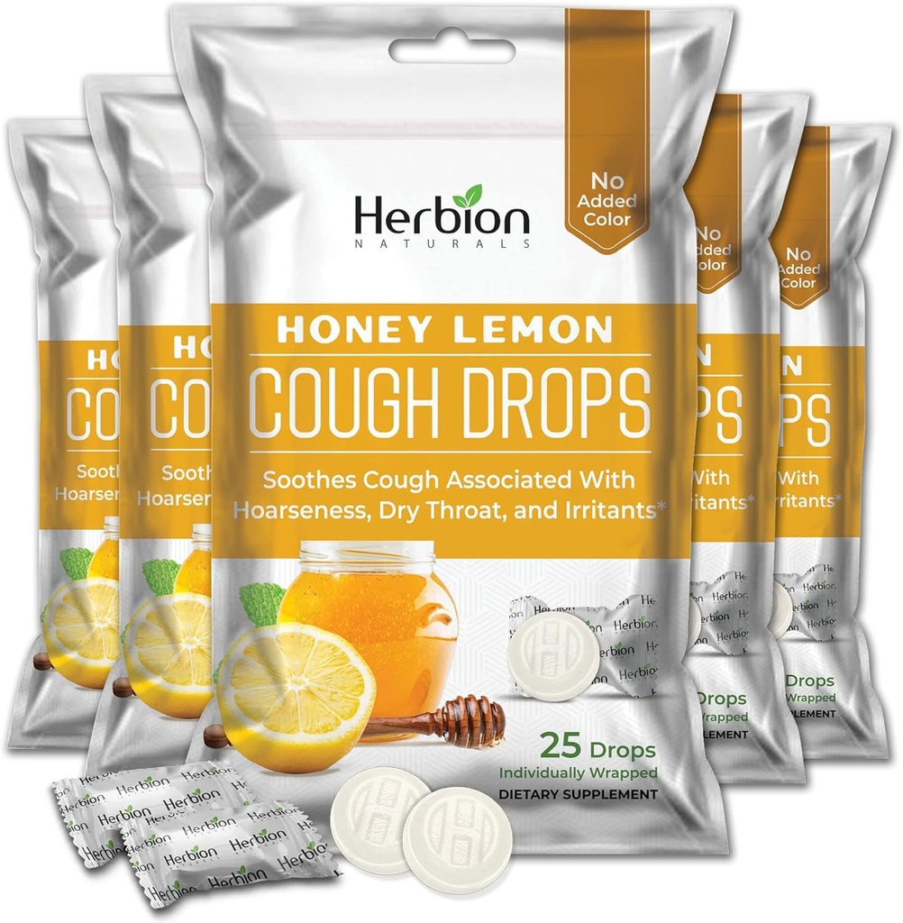Herbion Naturals Tuse picături cu aroma de miere Lemon, Supliment alimentar, Soothes Tuse, pentru adulți și copii de peste 6 ani, 125 Lozenges, Pachet de 5