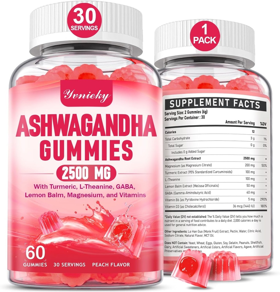 Ashwagandha Gummies 2500mg pentru femei si barbati: Ashwagandha Supliment Gummy Extra Putere cu Turmeric, Vitamina D3, L-Theanină, Magneziu - Gume umplute, Aroma de căpșuni, Vegan, Non-GMO