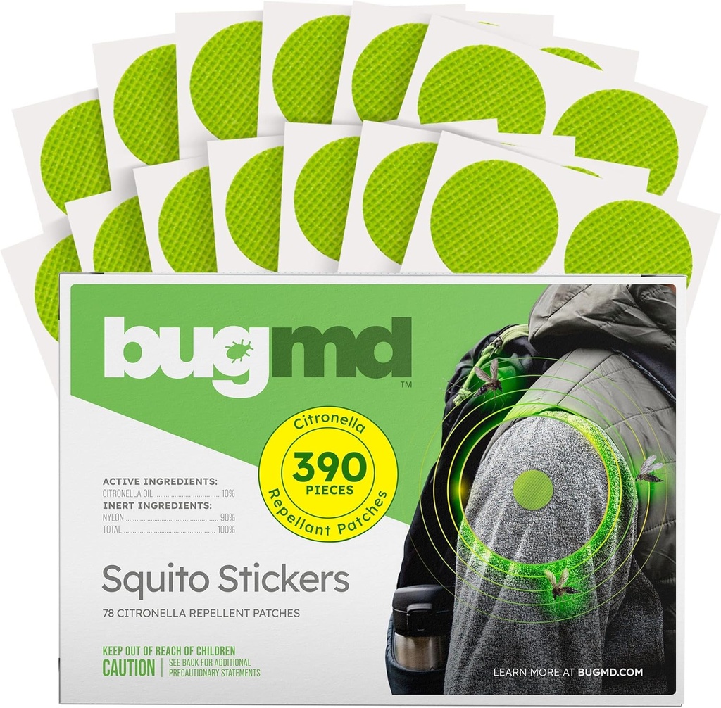 Autocolante BugMD Squito Mosquito Stickers replicant patch pentru adulți (390 patch-uri), Patch-uri sigure și eficiente pentru insectele repelente pentru copii mici, copii, camping, plajă și exterior esențiale