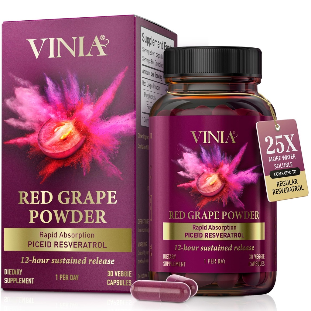 VINIA 12-Hour Long-Lasting Piceid Resveratrol Supliment. Booster oxid de azot. Sprijină Heart Health, fluxul de sânge, boost Oxigen Superfood Powder, Keto Friendly. Aprovizionare de 30 de zile