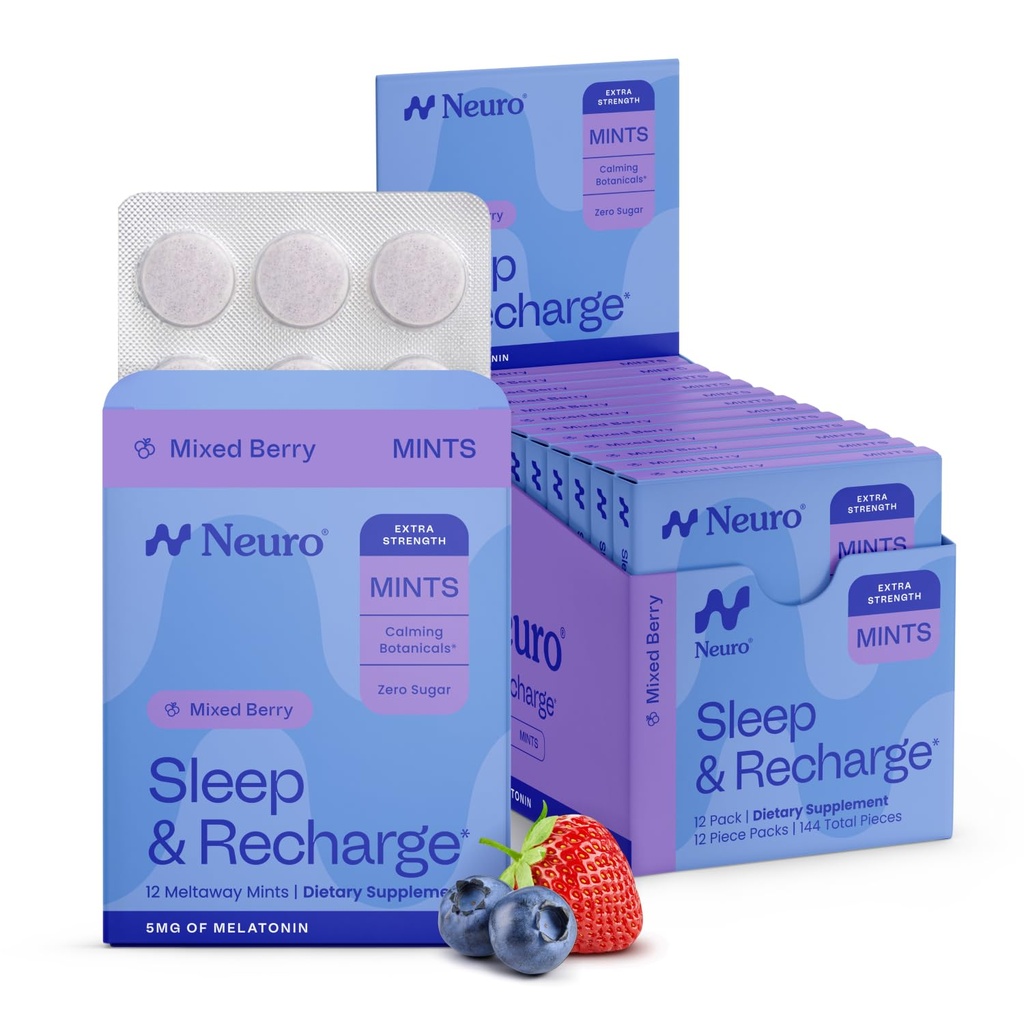 Neuro Melatonina 5mg Menta de somn si reincarcare (144 bucati) - Menta melatonina de zahar rapida cu balsam de lamaie si musetel pentru somn mai bun - Supliment de somn calm pentru adulti - Aroma de berry