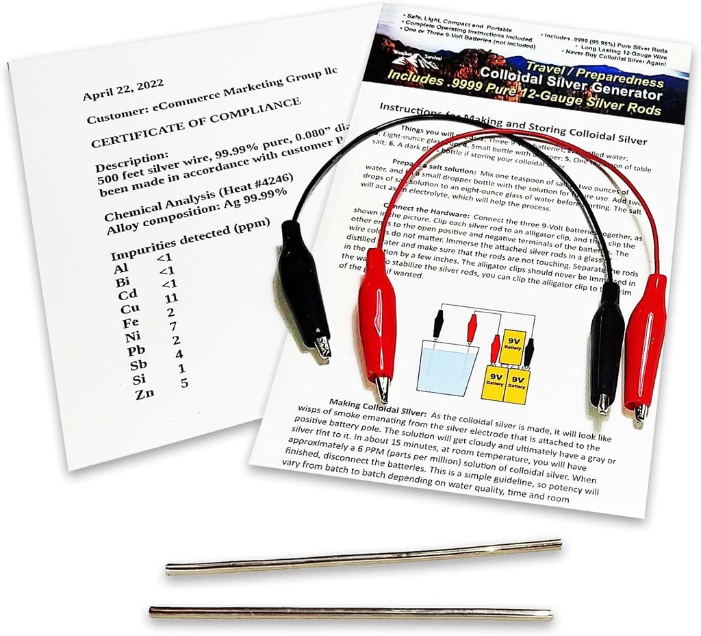 Argint coloidal Generator sârmă 99.99% Pure 12-Gauge (0,08 in./2.06 mm) Set de (2) Roduri 4-inch + Mini / Generator de călătorii - Include fire + Instrucțiuni complete