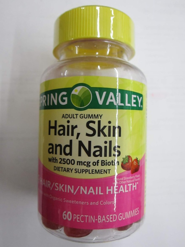 Spring Valley Adult Hair, Piele, Nails, 2500 mcg Biotin, Căpșuni, 60 Gummies (Pachet de 2)