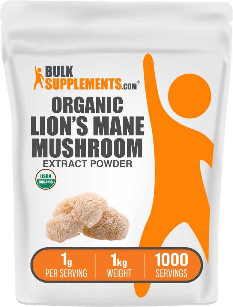 BulkSupplements.com Organic Lion's Mane Extract praf - Lions Mane Supliment Powder, Superfood for Well-Being - Vegan, 1g per Serving, 1kg (2,2 lbs) (Pachet de 1)