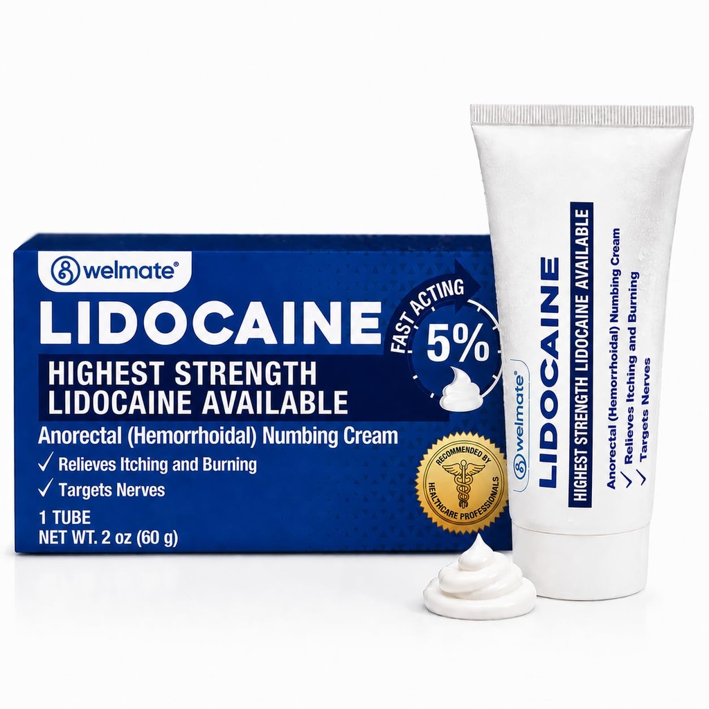 WELMATE - 5% Lidocaină Numbing Cream, 2oz (60g) - Concentrație maximă Lidocaină Cream - Hemoroizi Relief - utilizare externă Anestezic, Vitamina E - Rezitant pentru copii - Topical Skin Care