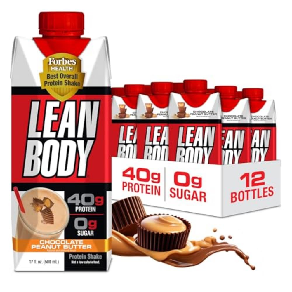 Lean Body Ready-to-Drink Proteine Shake, 40g Proteine, Whey Blend, 0 Zahăr, Gluten Free, 22 Vitamine & Minerale, (Cost reciclabil & Lid - Pachet de 12) LABRADA (Chocolate Peanut Butter)