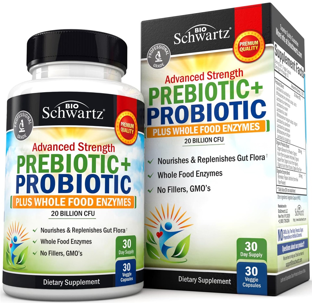 Prebiotice avansate și Probiotice pentru femei și bărbați, Imun, Digestive & Gut Health cu L. Reuteri, Inulin Fiber, Enzime digestive, Non-GMO, Gluten-Free, Dairy-Free, 30 capsule
