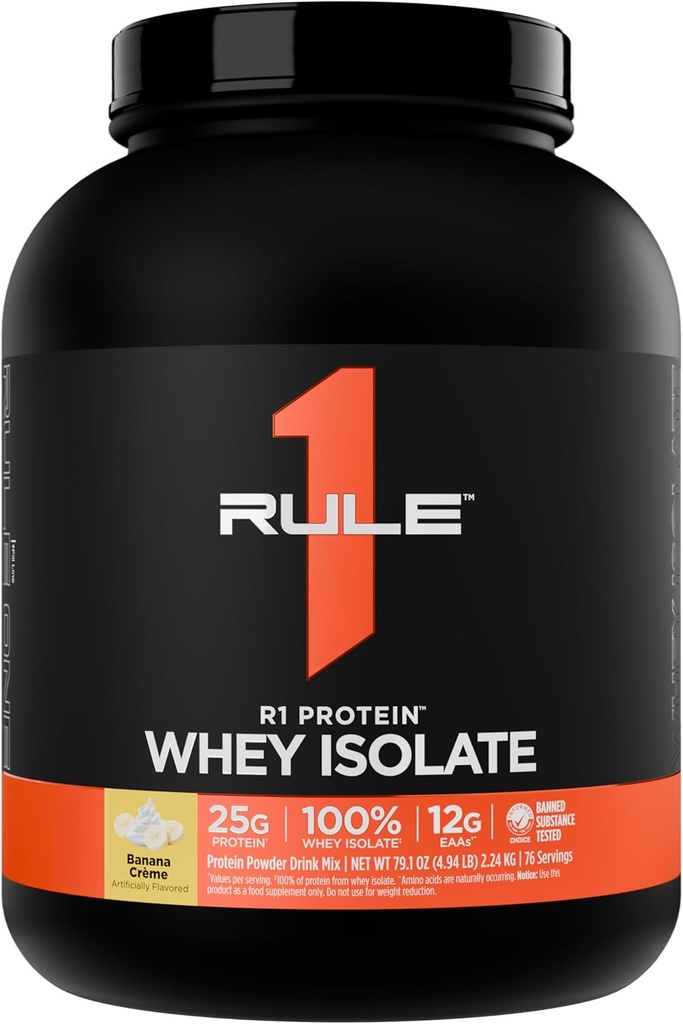 Articolul 1 Proteina R1 Whey Izolat - cu 25g Proteine & 6g BCAA Exclusiv din surse izolate și hidrolizate pentru recuperarea antrenamentului (5 lire*, Banana Crème)